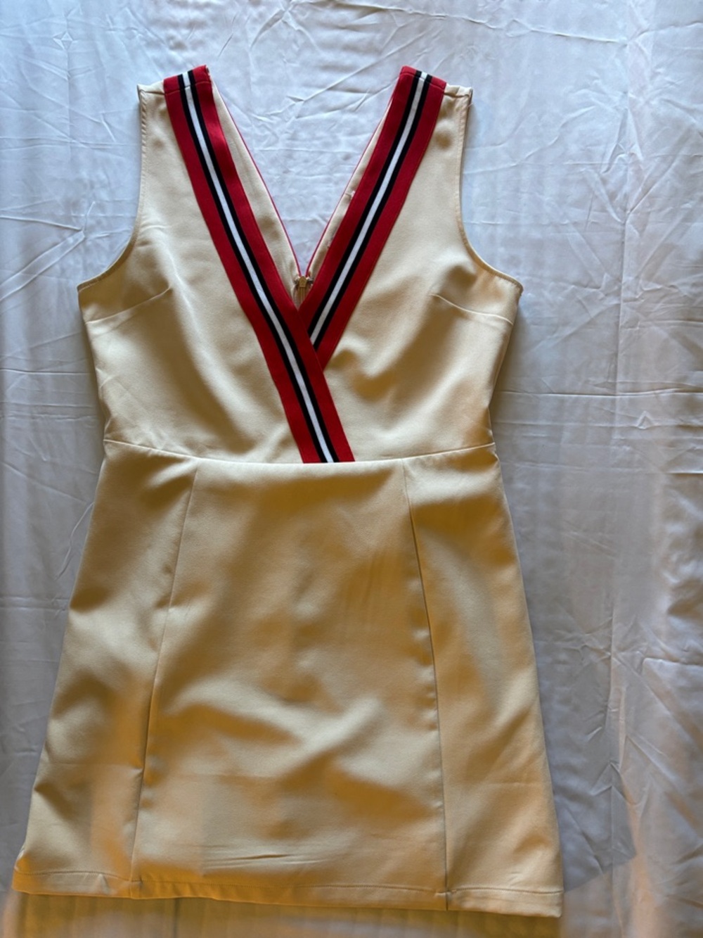 English Factory Cream Mini Dress with Red and Black Stripe Trim
